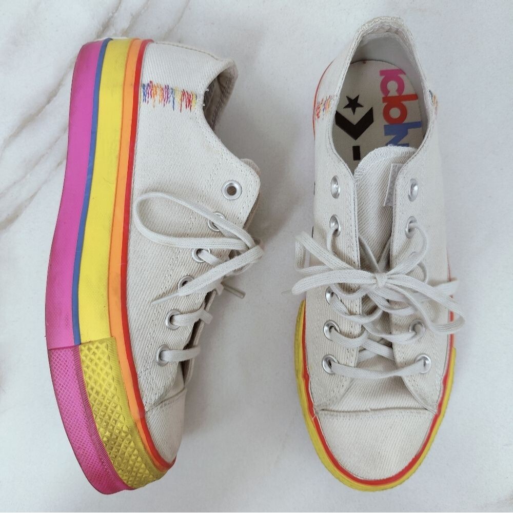 Converse Wmns All Star Low Beige Canvas Rainbow Platform Sneakers, 8